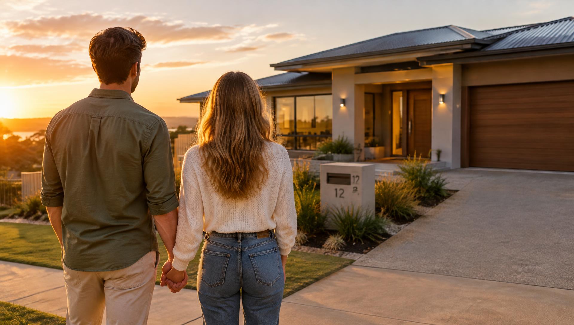Young couple holding hands looking at their new home at sunset
